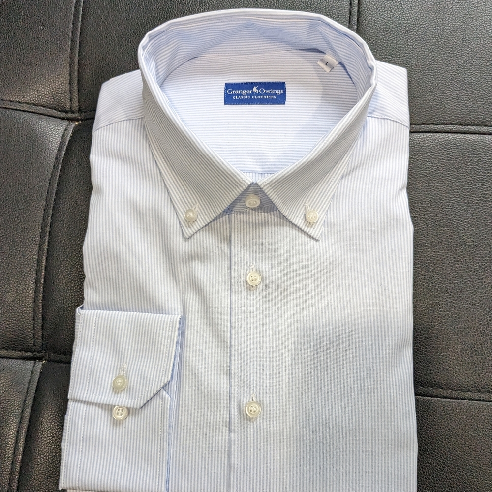 Long sleeve button down collar light blue and white striped shirt